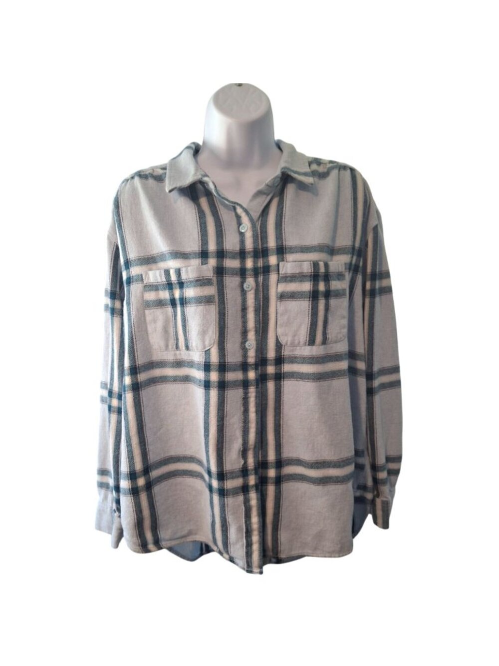 Wonderly Womens Large Plaid Flannel Shirt Blue White Cotton Coastal Cabin Boho